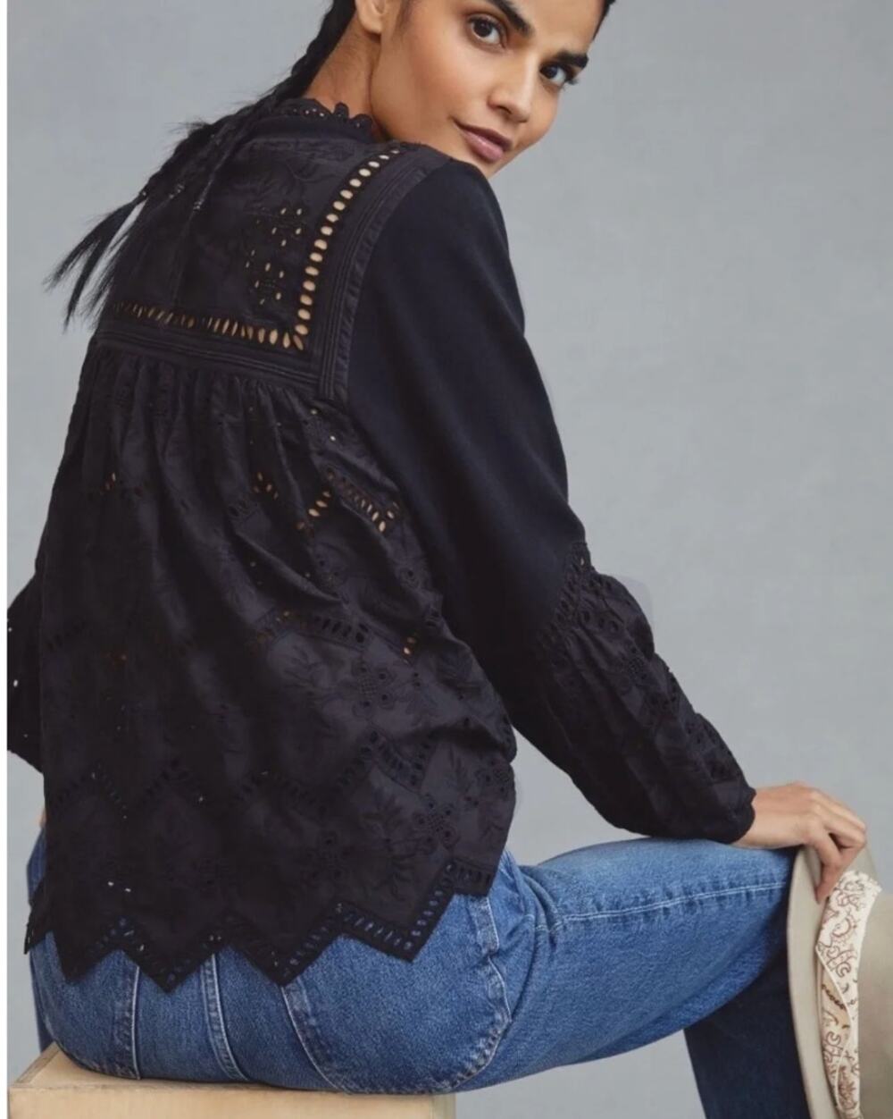 Forever that Girl Cotton Long Sleeve Lace Eyelet Lace Sweatshirt Black XL